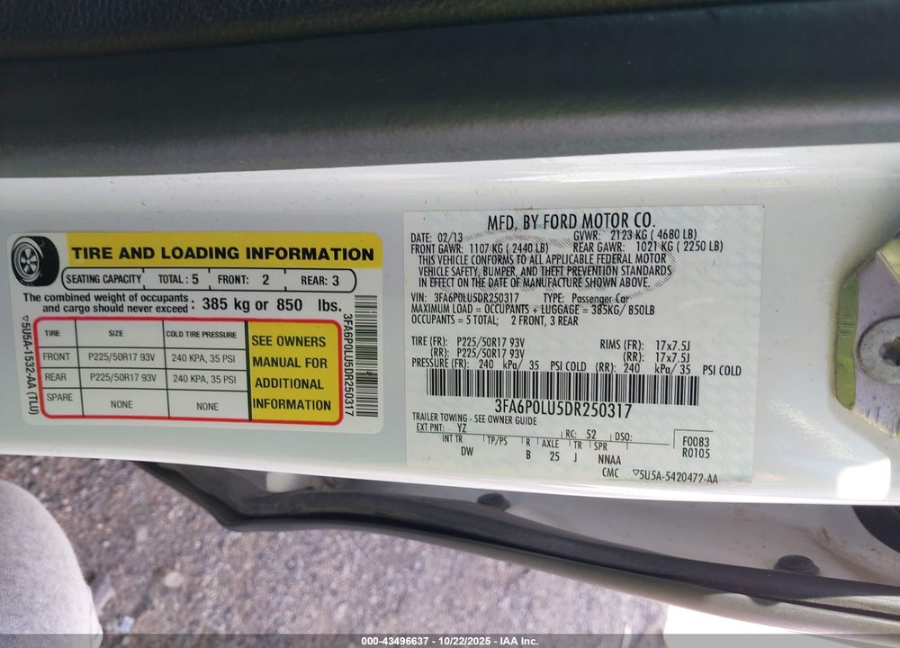 2013 FORD FUSION VIN: 3FA6P0LU5DR250317