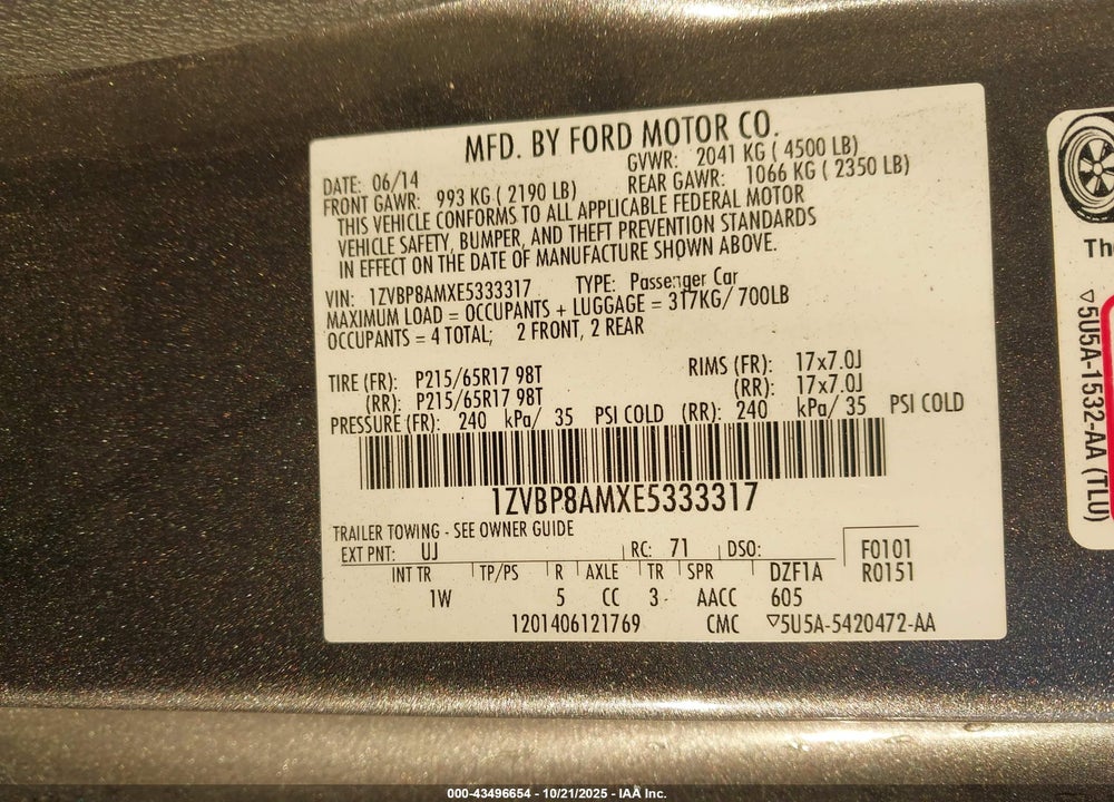 2014 FORD MUSTANG VIN: 1ZVBP8AMXE5333317