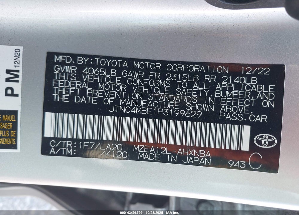 2023 TOYOTA COROLLA VIN: JTNC4MBE1P3199629