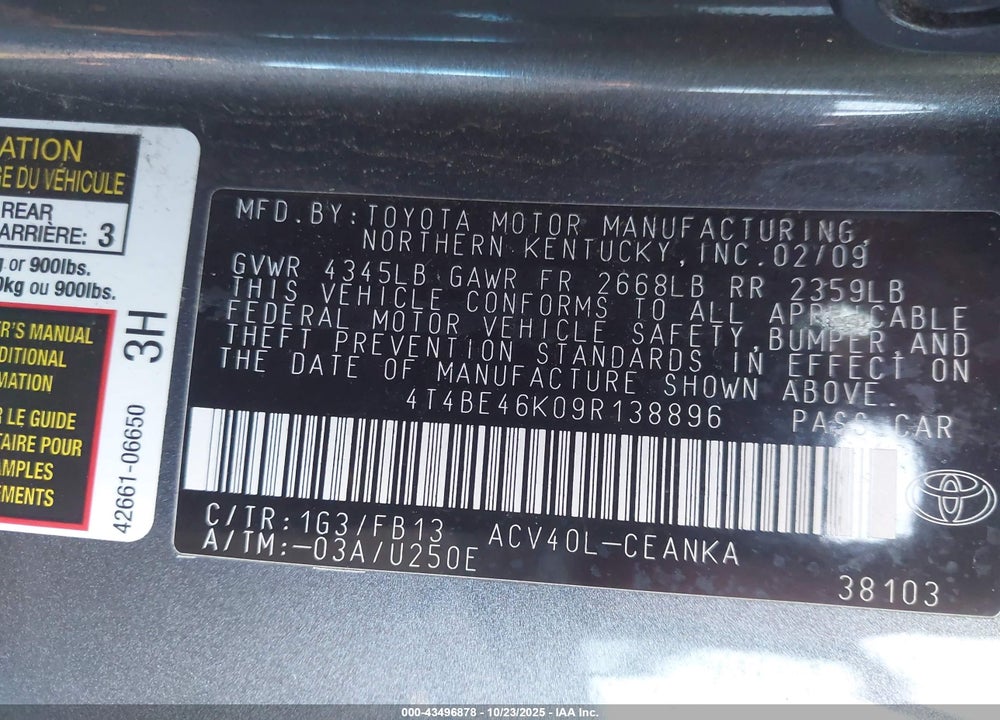 2009 TOYOTA CAMRY LE VIN: 4T4BE46K09R138896