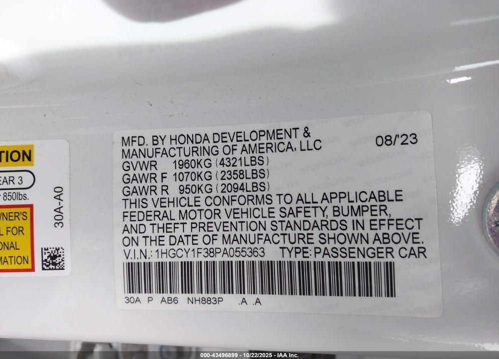 2023 HONDA ACCORD EX VIN: 1HGCY1F38PA055363