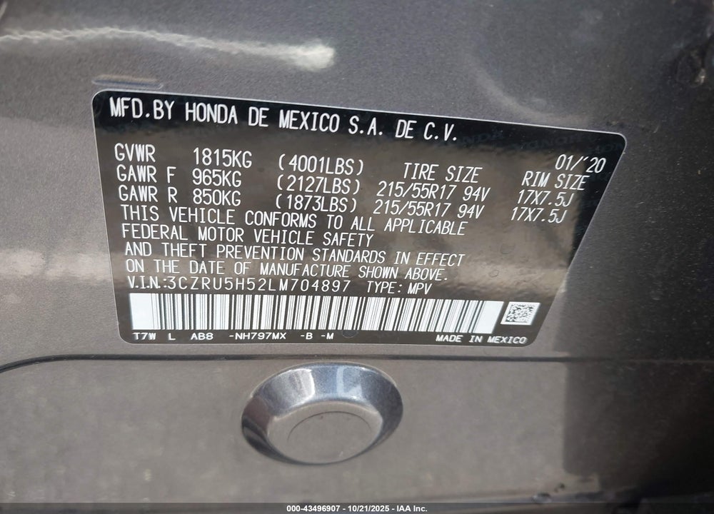 2020 HONDA HR-V VIN: 3CZRU5H52LM704897