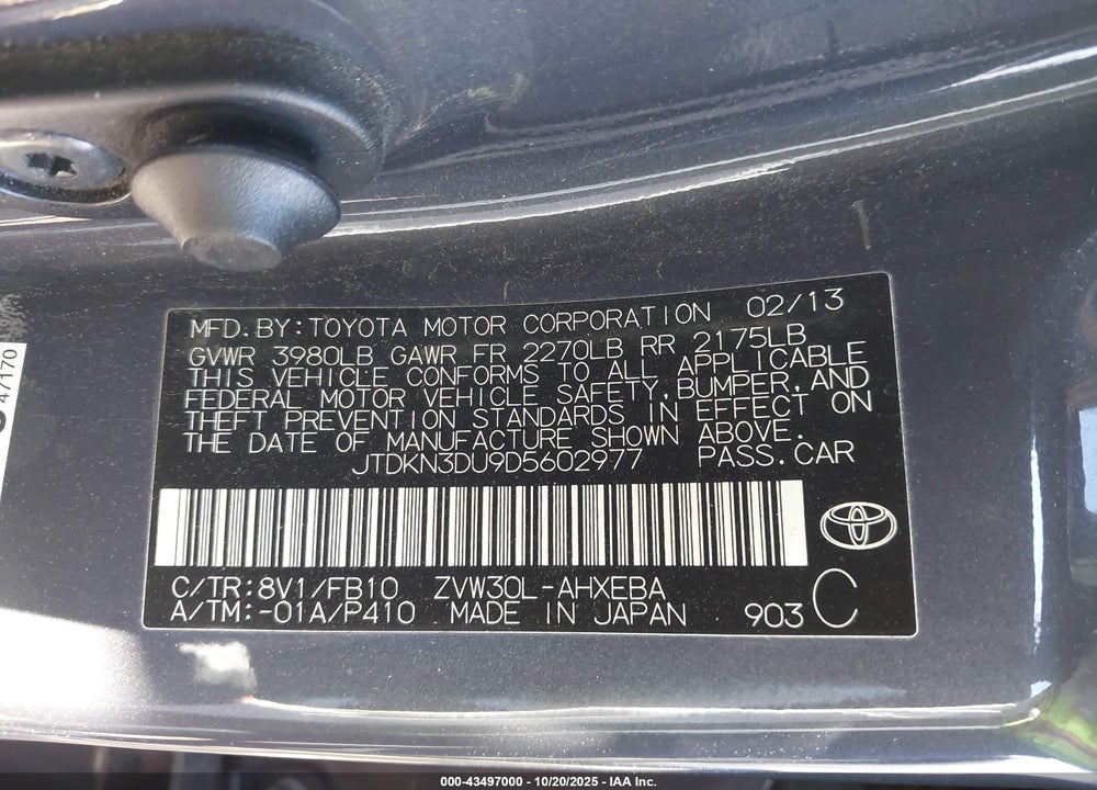 2013 TOYOTA PRIUS THREE VIN: JTDKN3DU9D5602977
