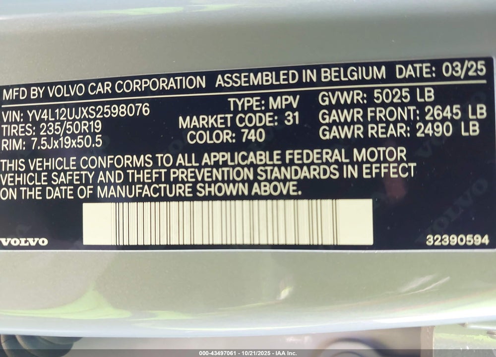 2025 VOLVO XC40 VIN: YV4L12UJXS2598076