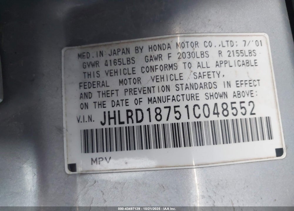 2001 HONDA CR-V SPECIAL EDITION VIN: JHLRD18751C048552