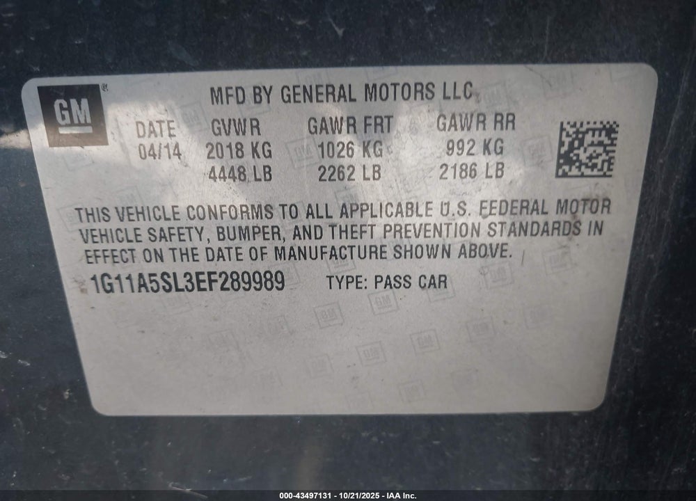 2014 CHEVROLET MALIBU VIN: 1G11A5SL3EF289989