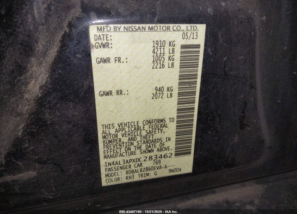 2013 NISSAN ALTIMA 2.5 S VIN: 1N4AL3APXDC283462