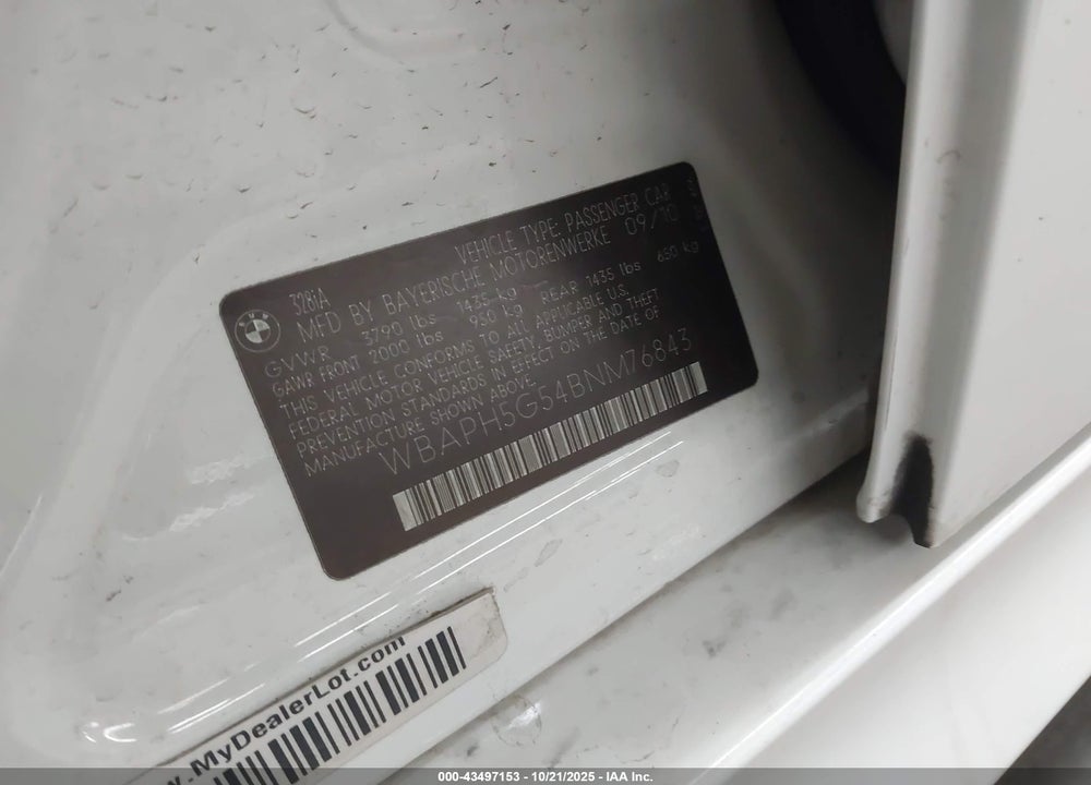 2011 BMW 328I VIN: WBAPH5G54BNM76843