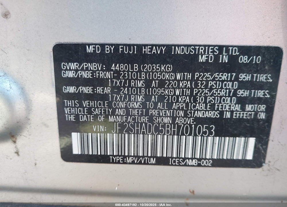 2011 SUBARU FORESTER VIN: JF2SHADC5BH701053