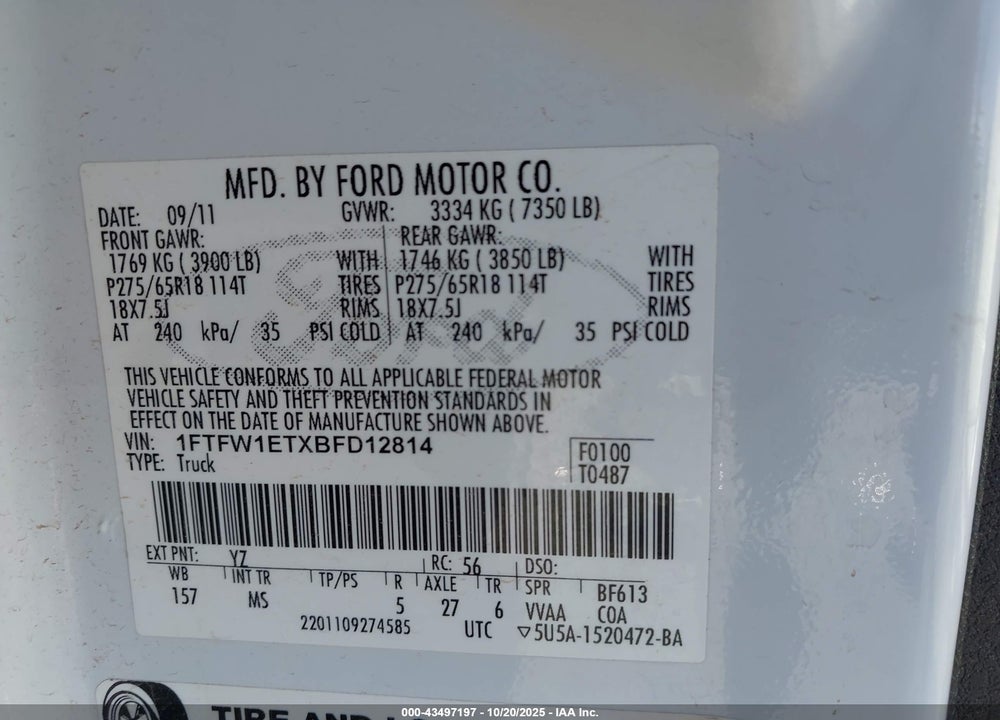2011 FORD F-150 XLT VIN: 1FTFW1ETXBFD12814