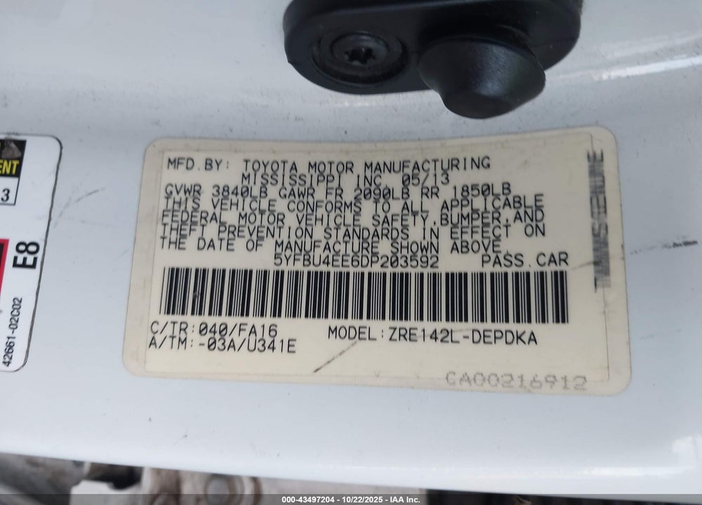 2013 TOYOTA COROLLA L VIN: 5YFBU4EE6DP203592