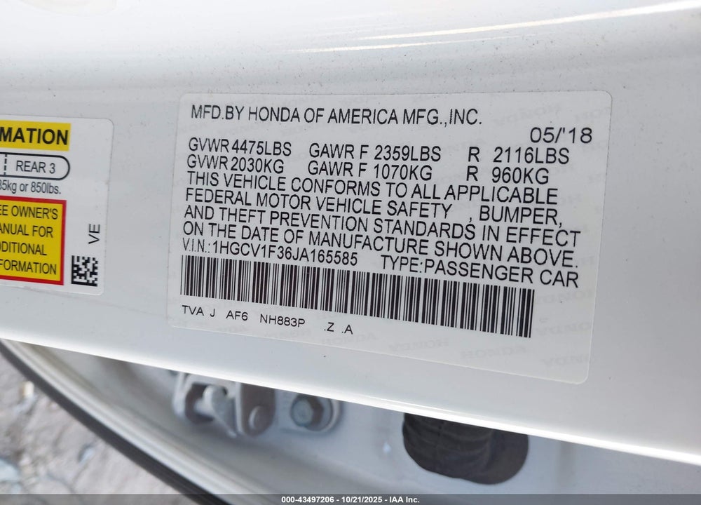 2018 HONDA ACCORD SPORT VIN: 1HGCV1F36JA165585
