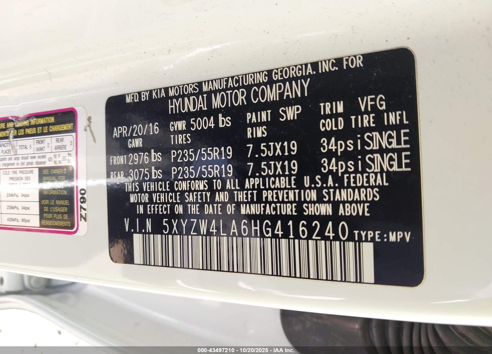 2017 HYUNDAI SANTA FE VIN: 5XYZW4LA6HG416240
