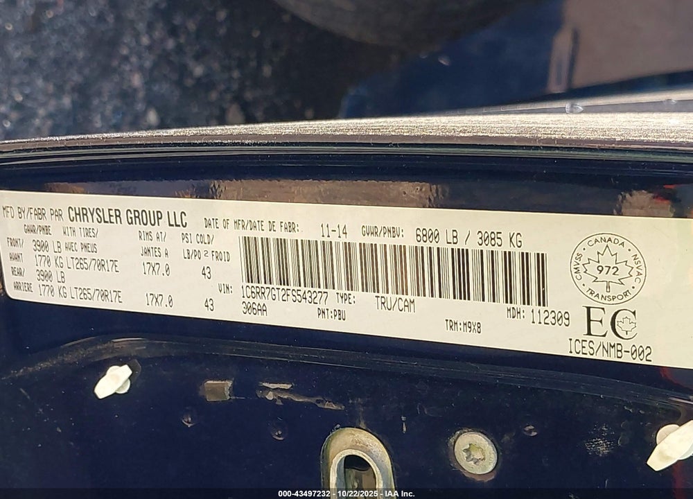 2015 RAM 1500 VIN: 1C6RR7GT2FS543277