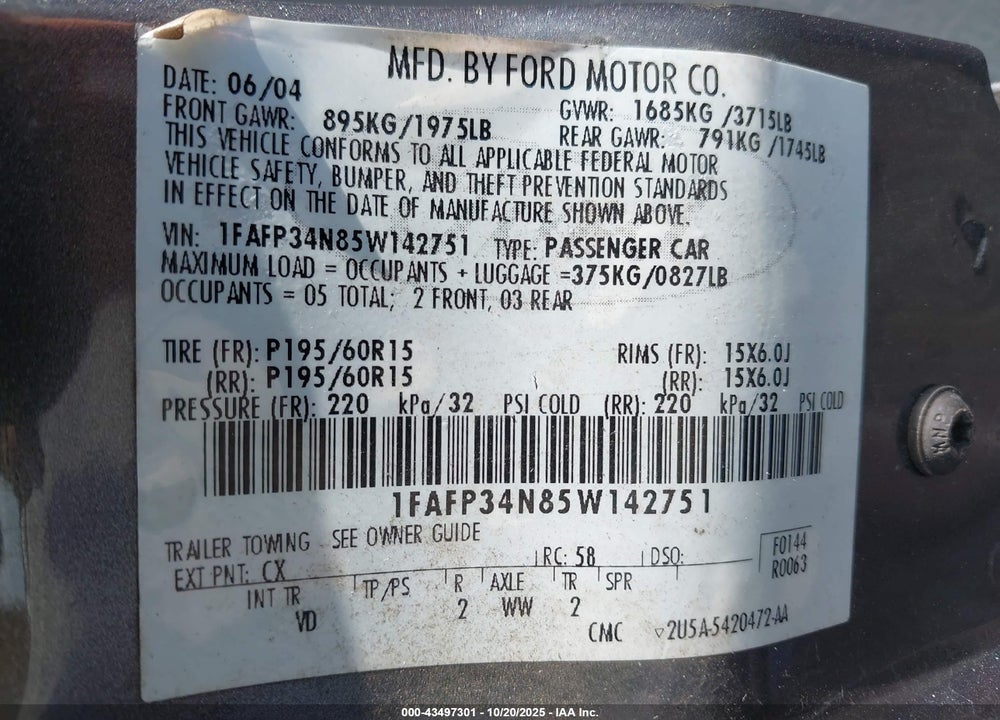 2005 FORD FOCUS ZX4 VIN: 1FAFP34N85W142751