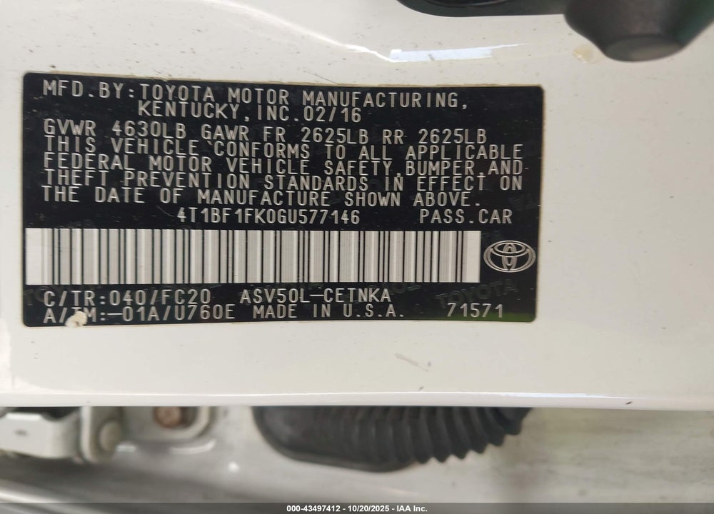 2016 TOYOTA CAMRY LE VIN: 4T1BF1FK0GU577146