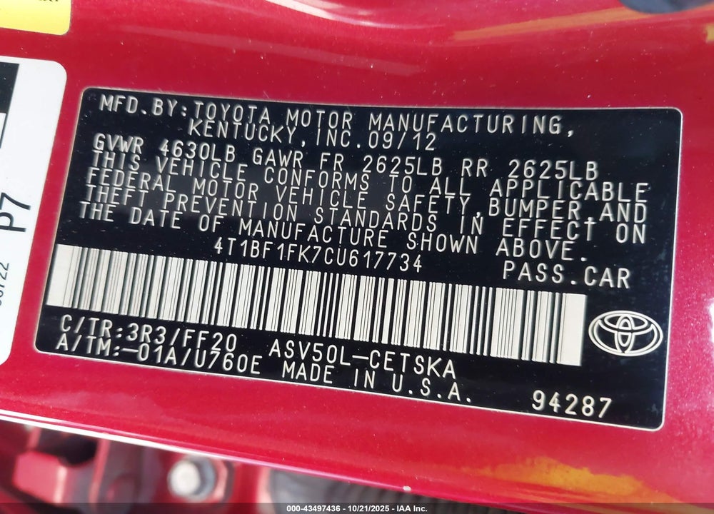 2012 TOYOTA CAMRY VIN: 4T1BF1FK7CU617734