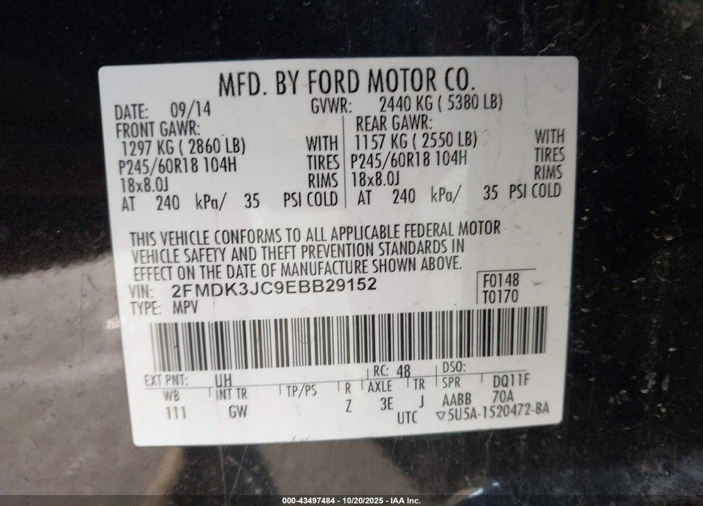 2014 FORD EDGE VIN: 2FMDK3JC9EBB29152