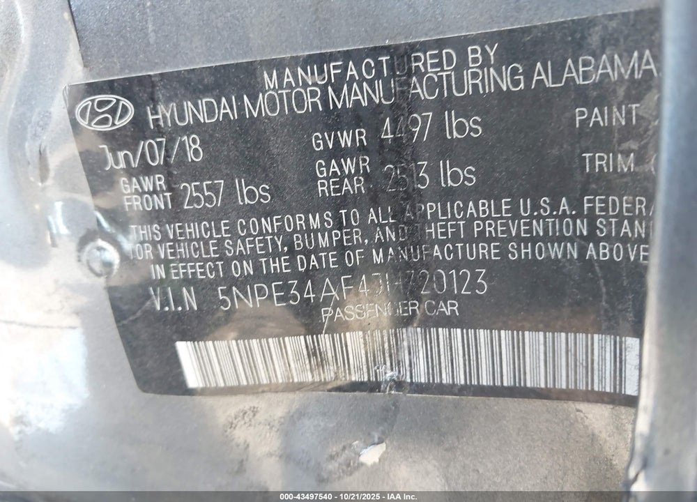 2018 HYUNDAI SONATA SEL VIN: 5NPE34AF4JH720123
