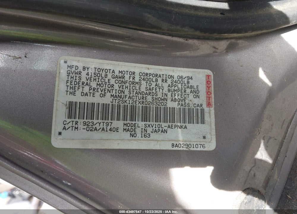 1994 TOYOTA CAMRY LE VIN: JT2SK12EXR0263202
