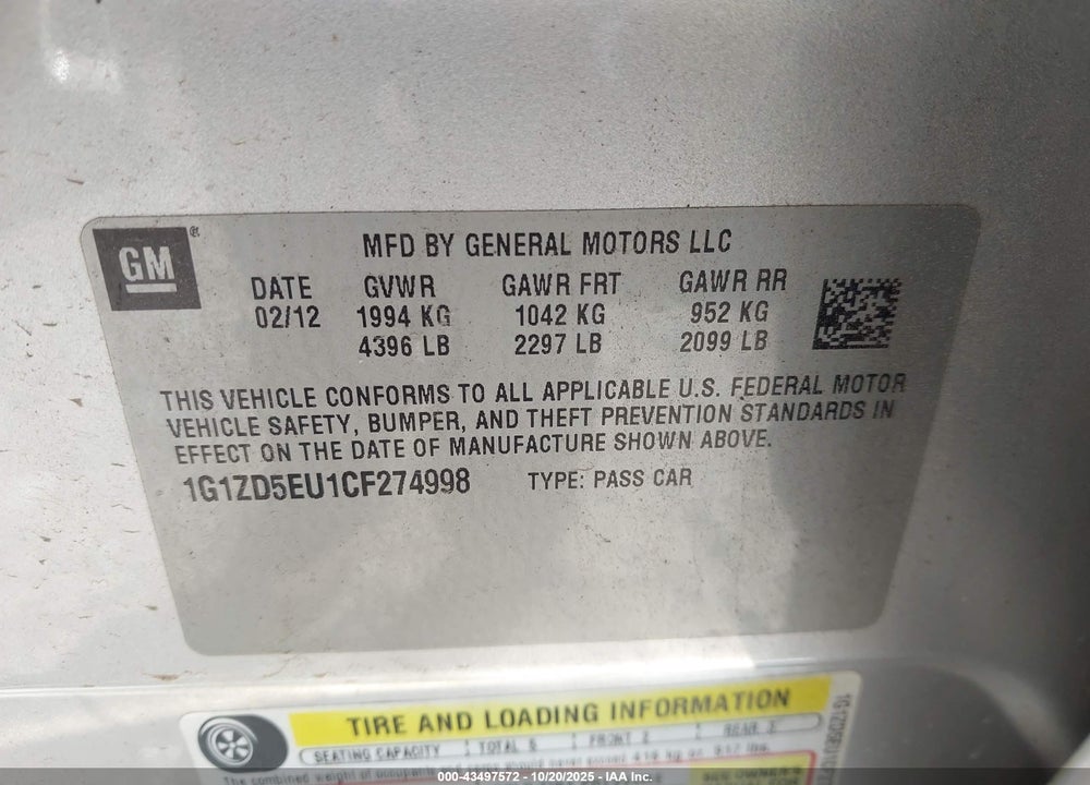 2012 CHEVROLET MALIBU 2LT VIN: 1G1ZD5EU1CF274998