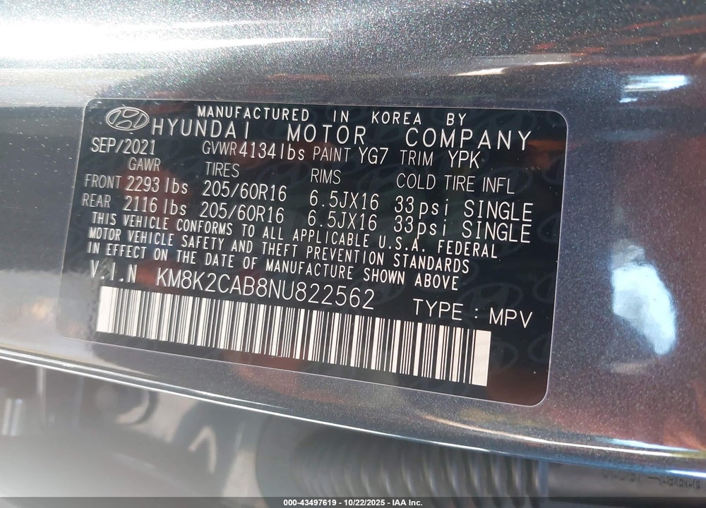 2022 HYUNDAI KONA SE VIN: KM8K2CAB8NU822562
