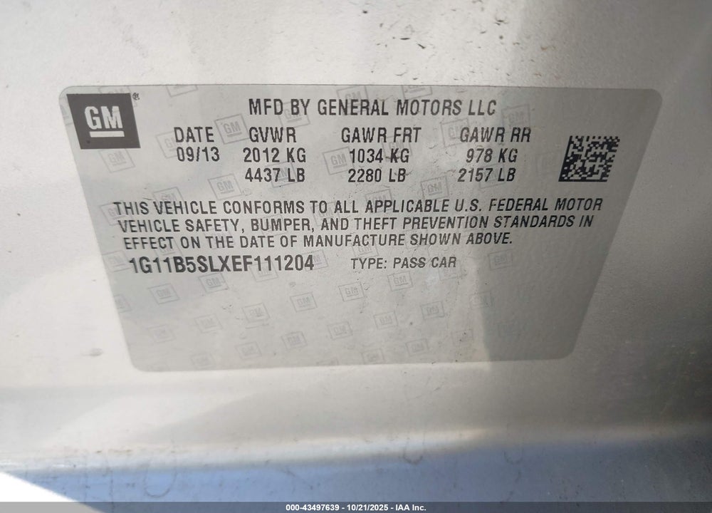 2014 CHEVROLET MALIBU VIN: 1G11B5SLXEF111204