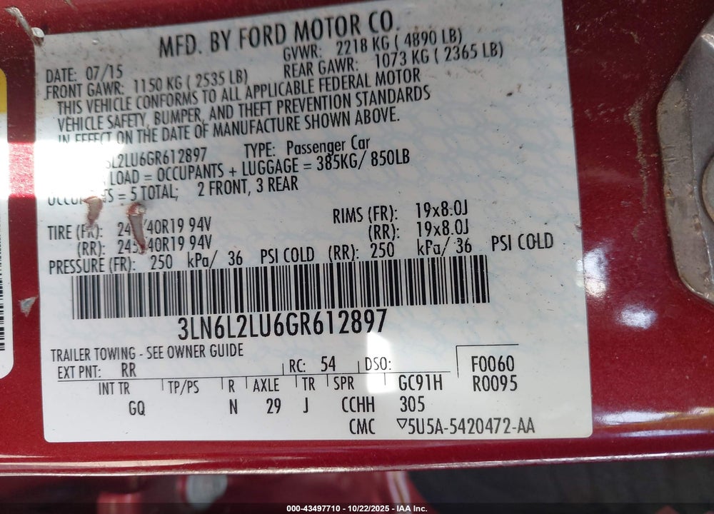 2016 LINCOLN MKZ VIN: 3LN6L2LU6GR612897