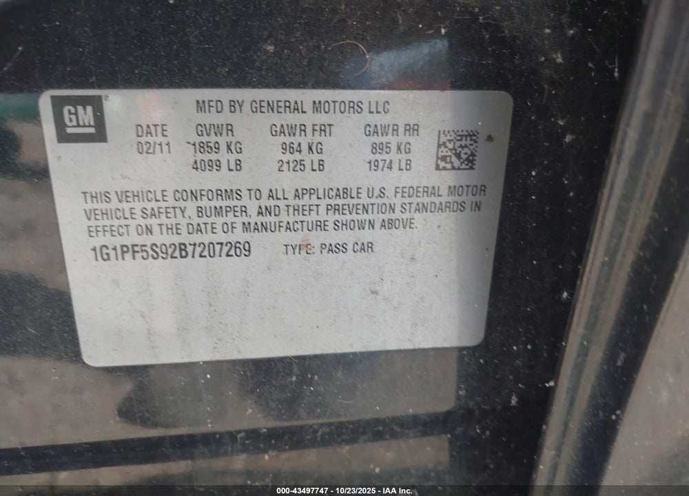2011 CHEVROLET CRUZE 1LT VIN: 1G1PF5S92B7207269