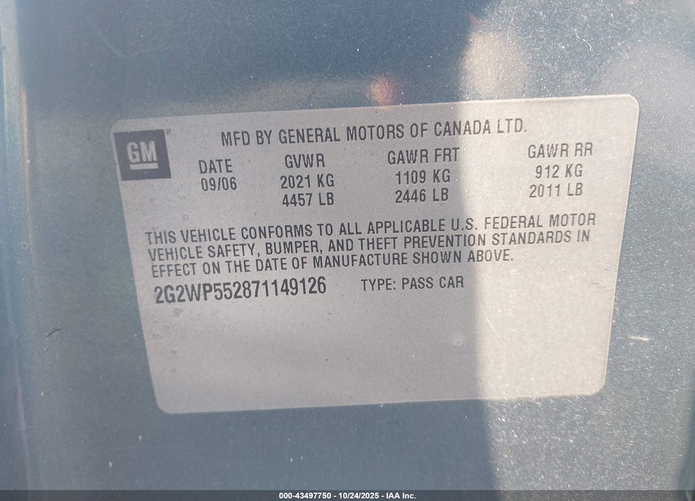 2007 PONTIAC GRAND PRIX VIN: 2G2WP552871149126