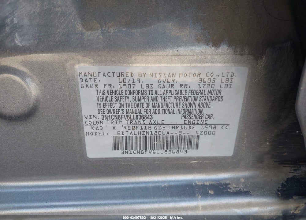 2020 NISSAN VERSA SR XTRONIC CVT VIN: 3N1CN8FV6LL836843