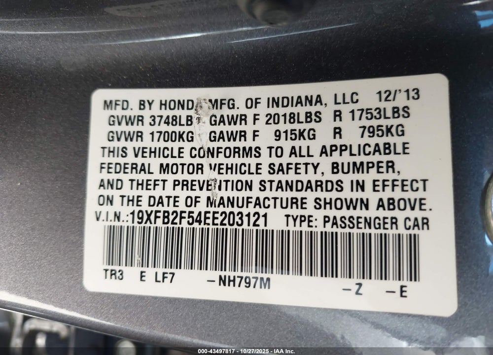 2014 HONDA CIVIC LX VIN: 19XFB2F54EE203121