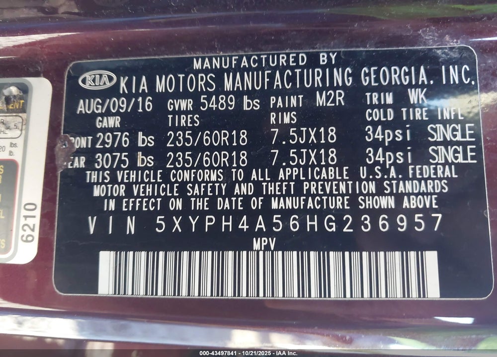 2017 KIA SORENTO 3.3L EX VIN: 5XYPH4A56HG236957