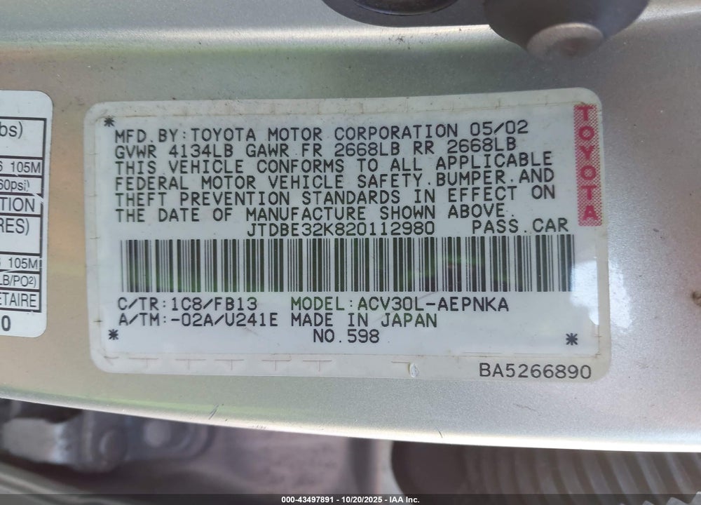 2002 TOYOTA CAMRY LE VIN: JTDBE32K820112980