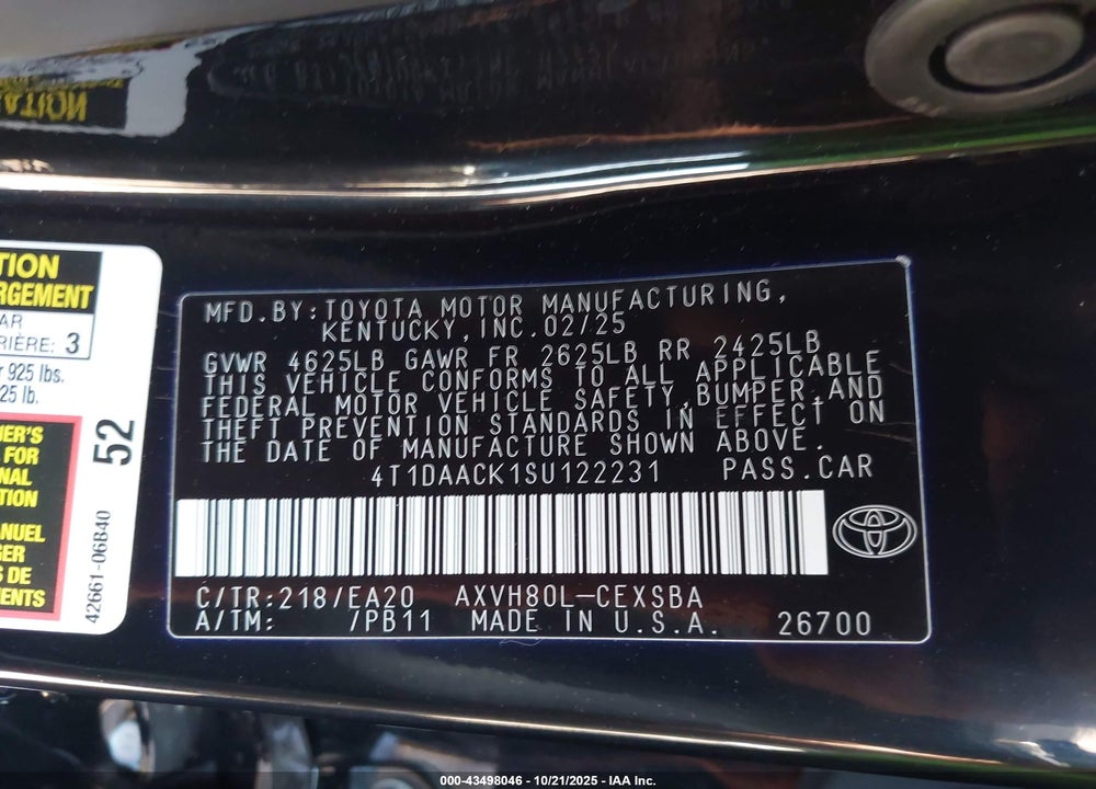 2025 TOYOTA CAMRY SE VIN: 4T1DAACK1SU122231