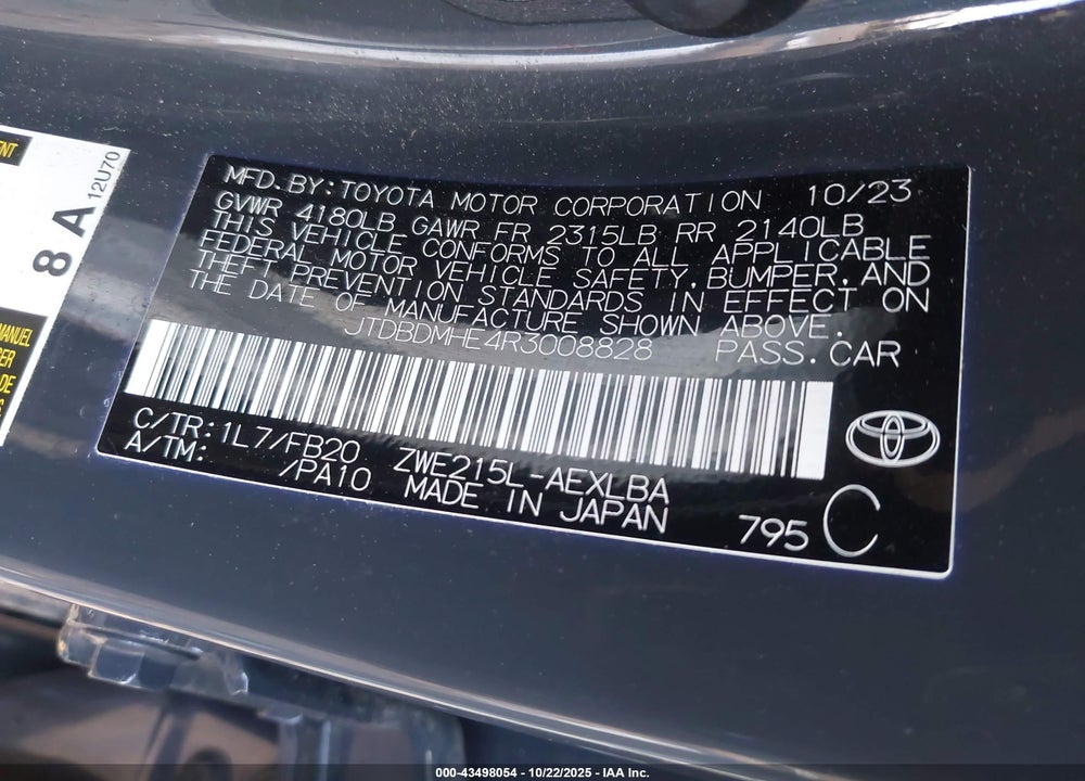 2024 TOYOTA COROLLA VIN: JTDBDMHE4R3008828