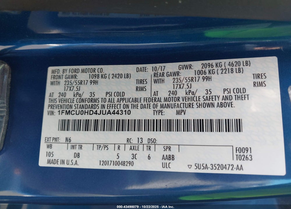 2018 FORD ESCAPE VIN: 1FMCU0HD4JUA44310