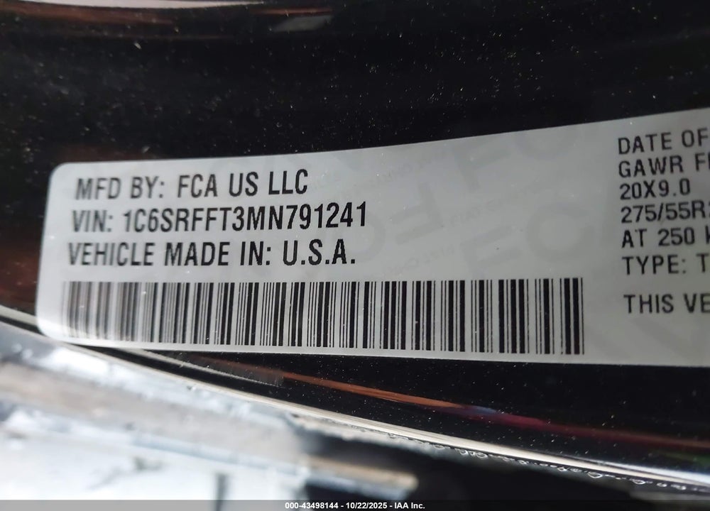 2021 RAM 1500 BIG HORN 4X4 5'7 BOX VIN: 1C6SRFFT3MN791241