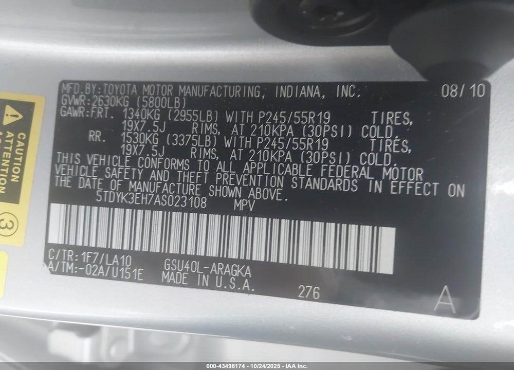 2010 TOYOTA HIGHLANDER VIN: 5TDYK3EH7AS023108