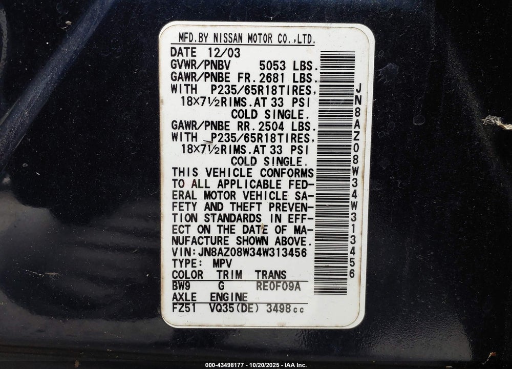 2004 NISSAN MURANO VIN: JN8AZ08W34W313456