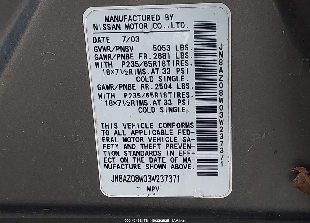2003 NISSAN MURANO VIN: JN8AZ08W03W237371