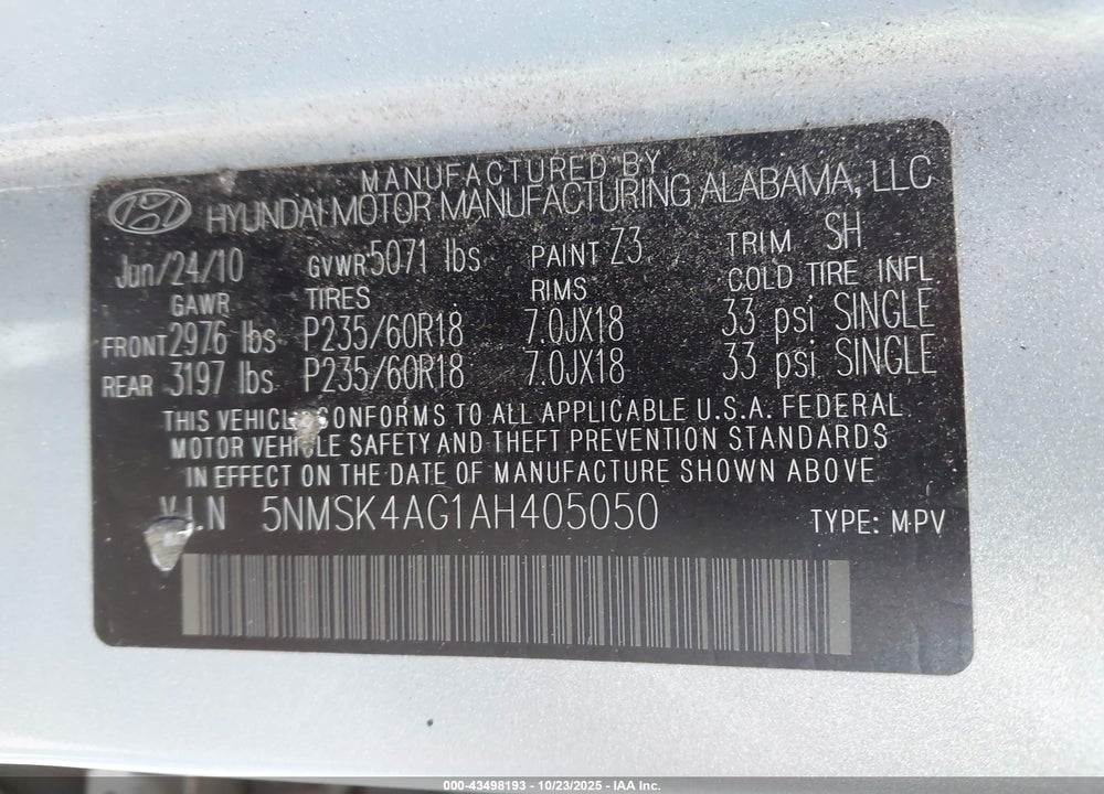 2010 HYUNDAI SANTA FE LIMITED V6 VIN: 5NMSK4AG1AH405050