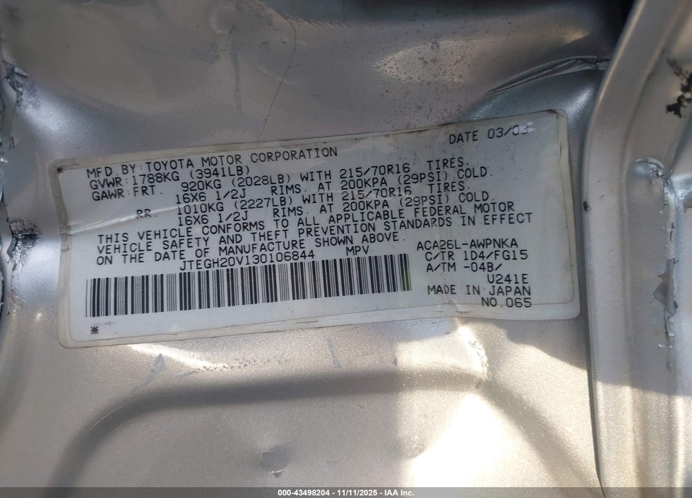 2003 TOYOTA RAV4 VIN: JTEGH20V130106844