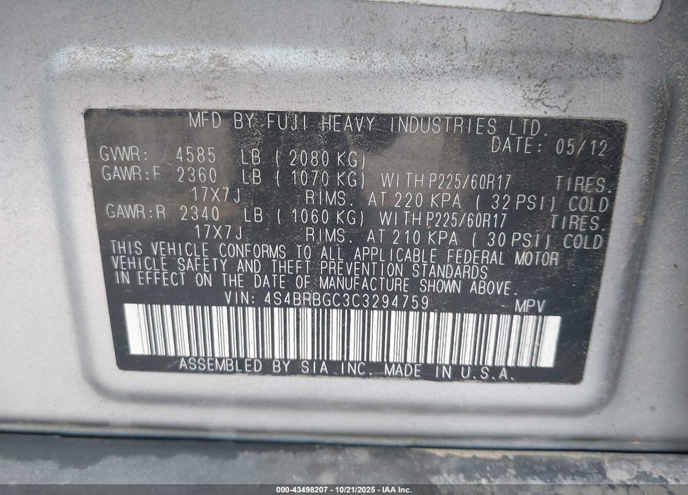 2012 SUBARU OUTBACK 2.5I PREMIUM VIN: 4S4BRBGC3C3294759