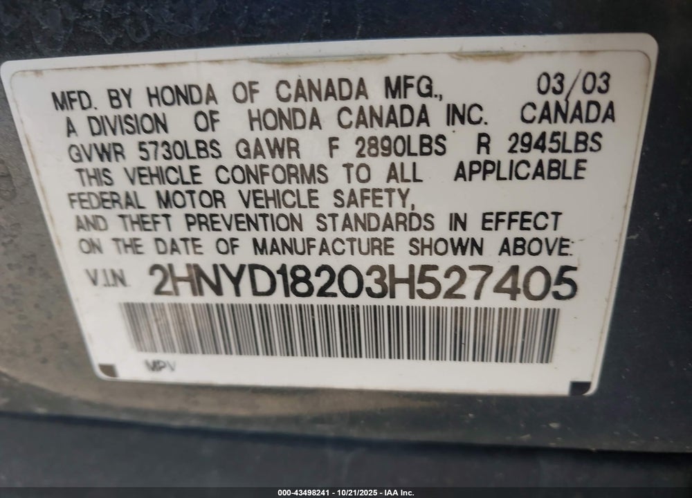 2003 ACURA MDX VIN: 2HNYD18203H527405