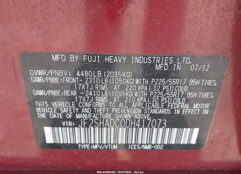 2013 SUBARU FORESTER VIN: JF2SHADC0DH417073