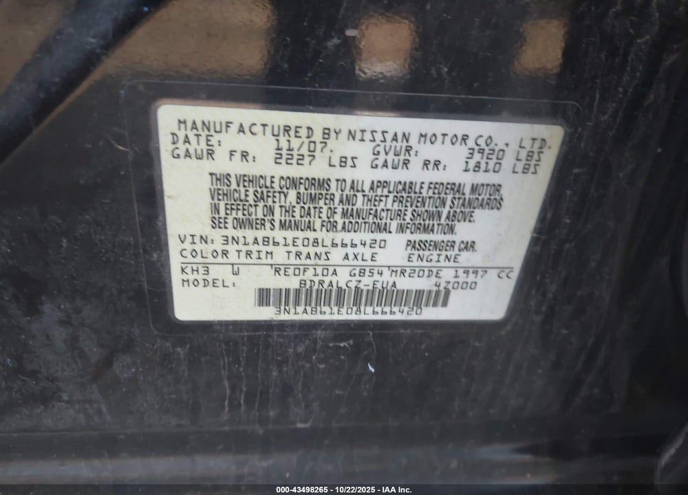 2008 NISSAN SENTRA 2.0 VIN: 3N1AB61E08L666420