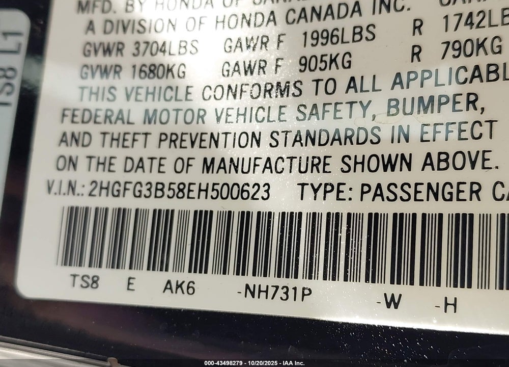 2014 HONDA CIVIC LX VIN: 2HGFG3B58EH500623