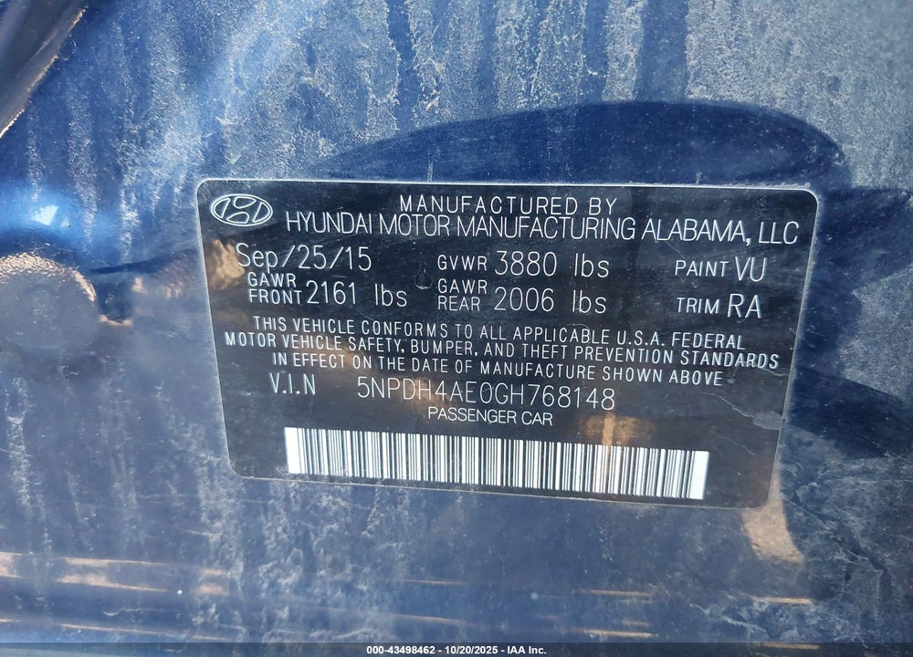 2016 HYUNDAI ELANTRA VIN: 5NPDH4AE0GH768148