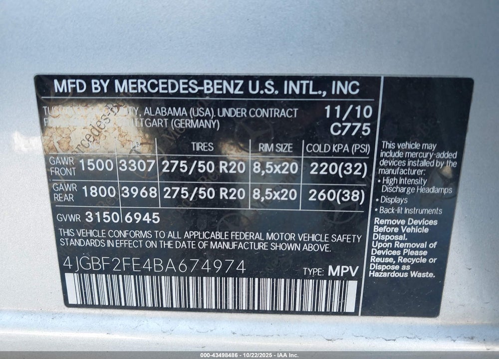 2011 MERCEDES-BENZ GL 350 BLUETEC 4MATIC VIN: 4JGBF2FE4BA674974